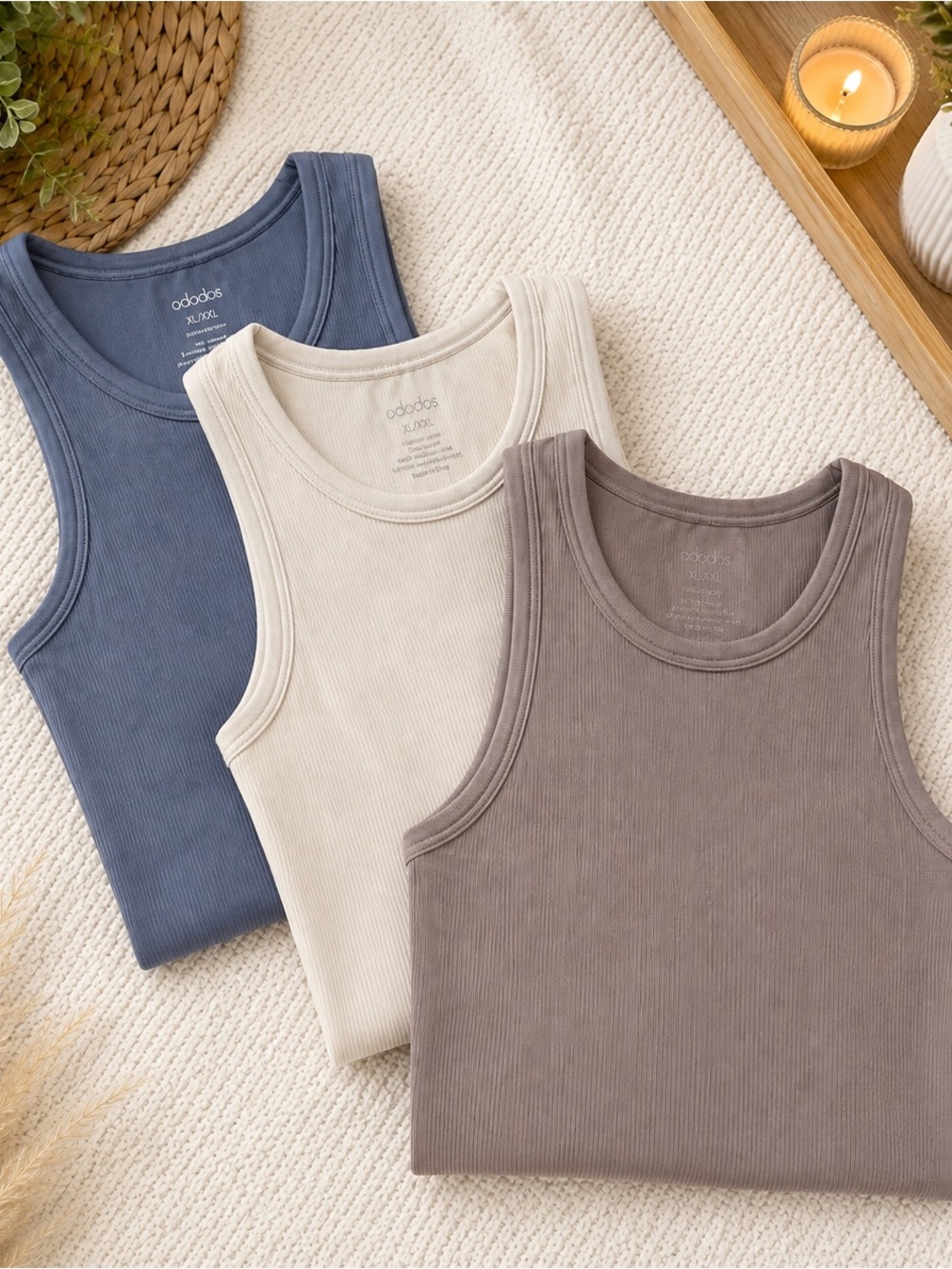 ODODOS Ribbed Tank Top Bundle of 3 XL/XXL Neutral Basic Sleeveless Tops